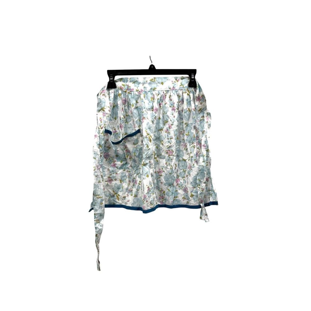 Vintage Mid-Century Light Cotton Pink Blue White Floral Half Apron Blue Ribbon